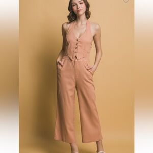 #128 clay Jumpsuit with Cropped Wide-Leg and Sleeveless Design